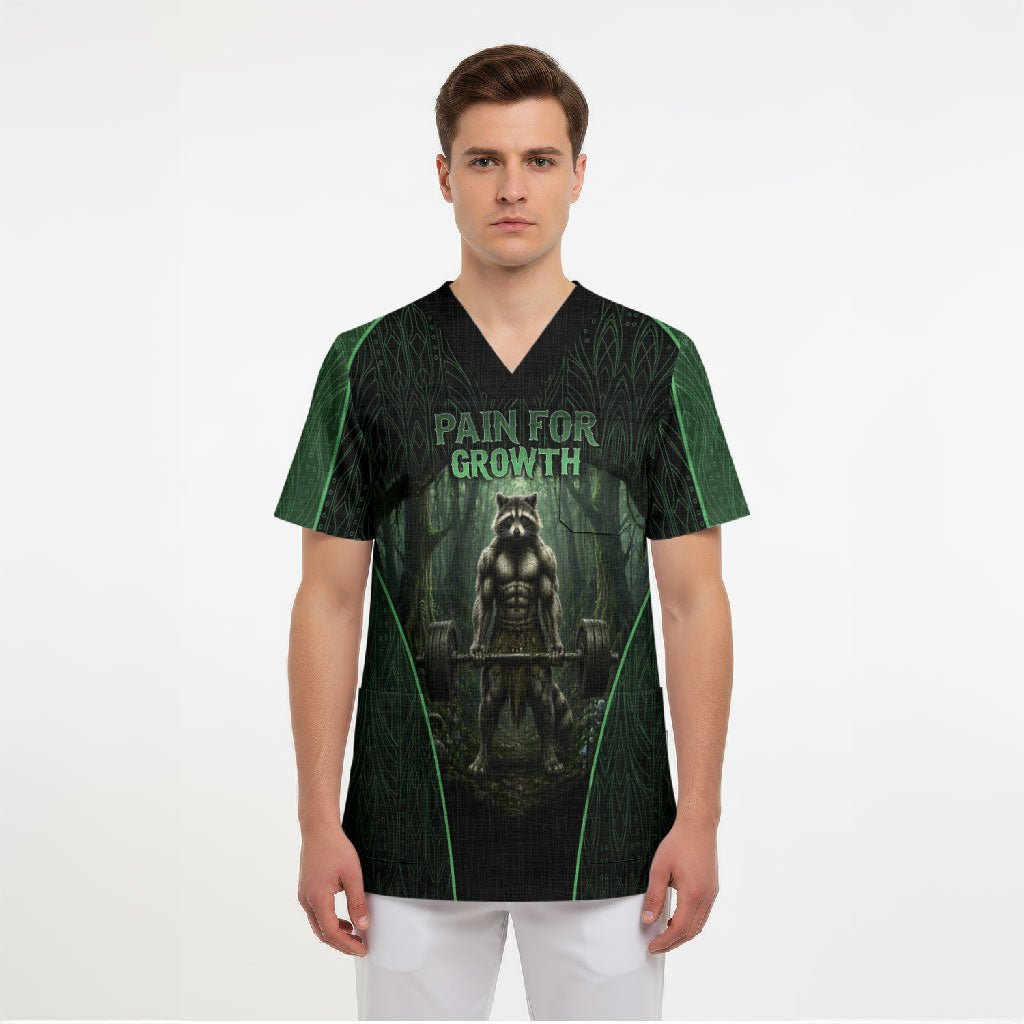 Personalized Muscular Raccoon Weightlifting Scrub Top Pain For Growth Dark Fantasy Gym Graphic
