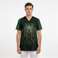 Personalized Muscular Raccoon Weightlifting Scrub Top Pain For Growth Dark Fantasy Gym Graphic