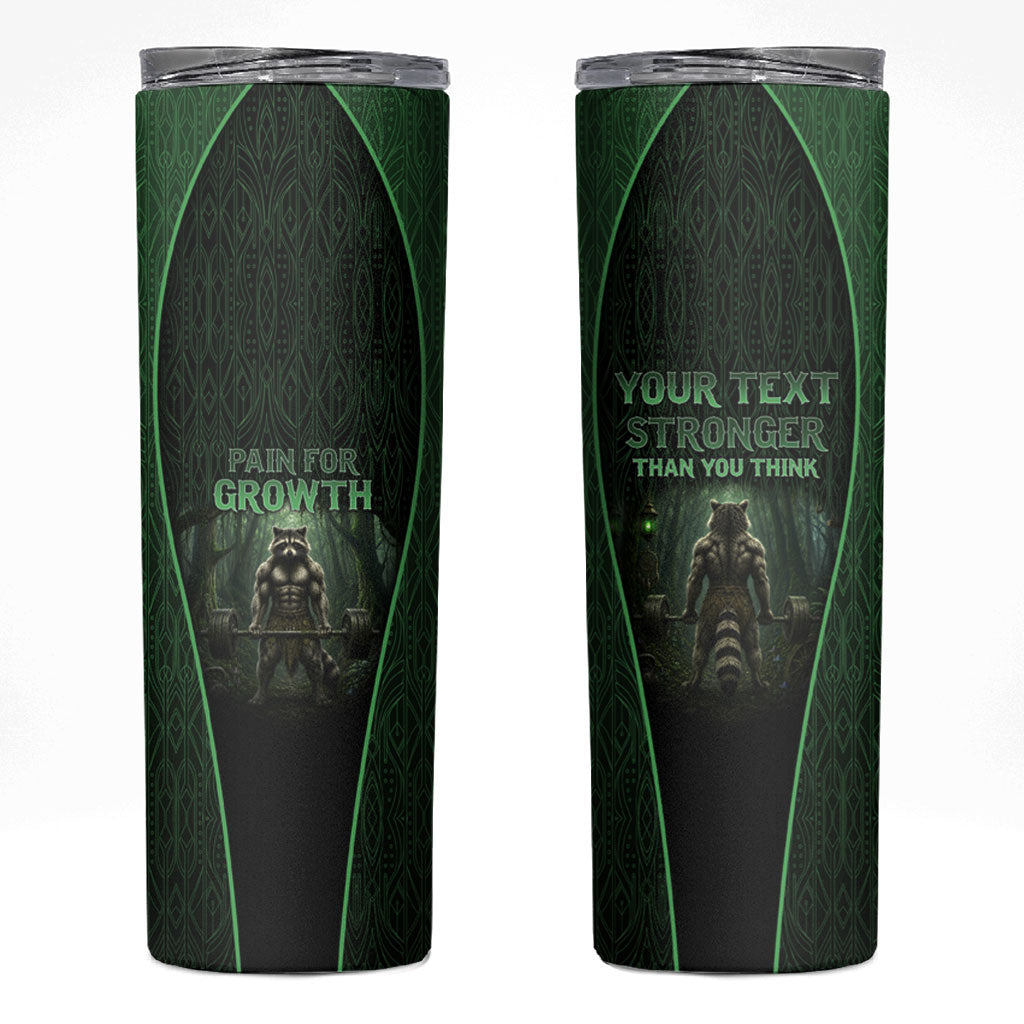 Personalized Muscular Raccoon Weightlifting Skinny Tumbler Pain For Growth Dark Fantasy Gym Graphic