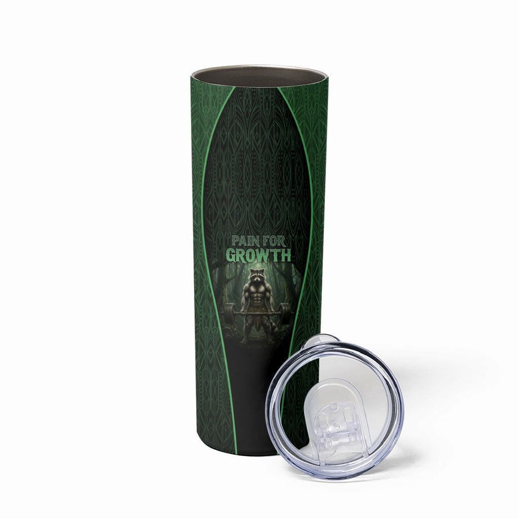 Personalized Muscular Raccoon Weightlifting Skinny Tumbler Pain For Growth Dark Fantasy Gym Graphic
