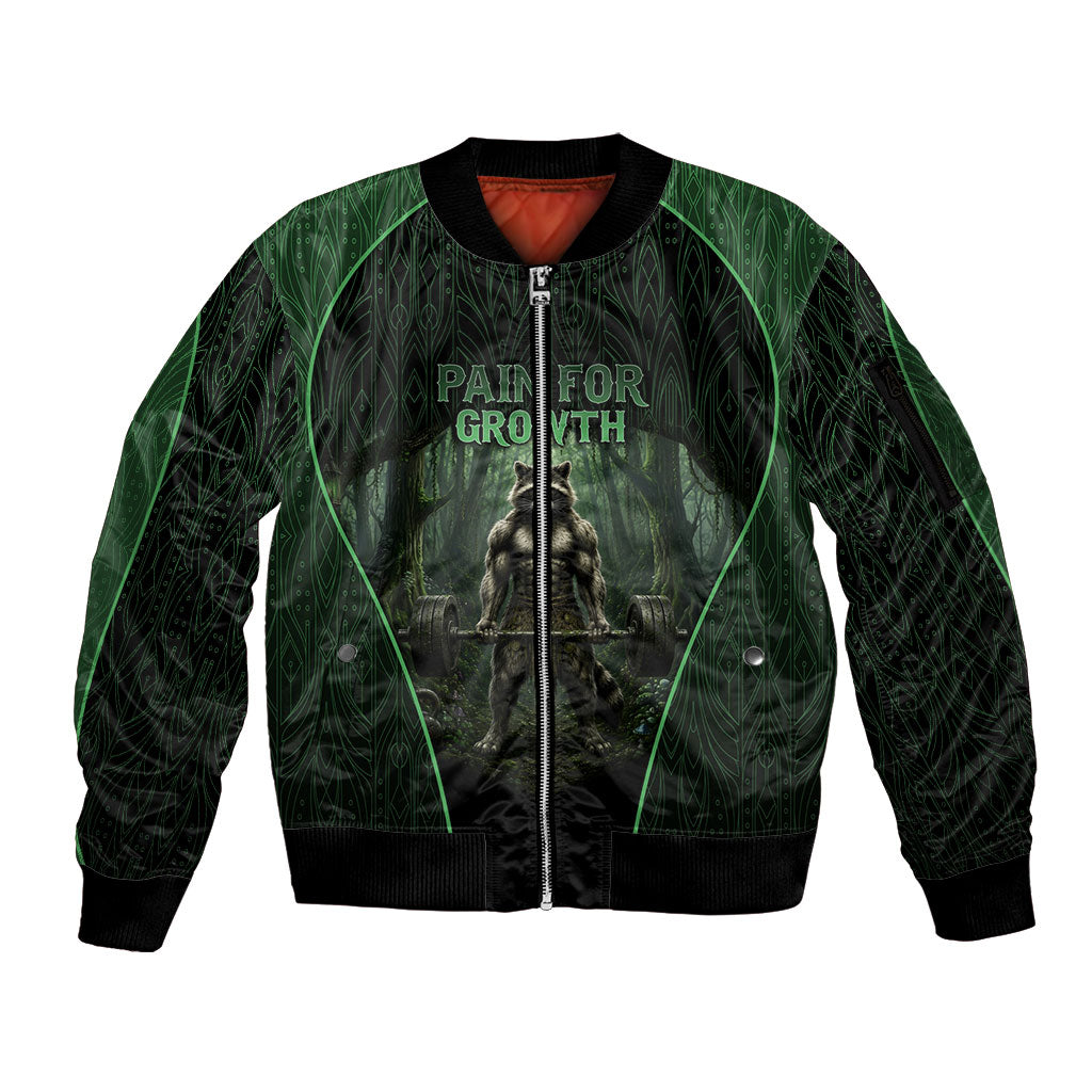 Personalized Muscular Raccoon Weightlifting Sleeve Zip Bomber Jacket Pain For Growth Dark Fantasy Gym Graphic
