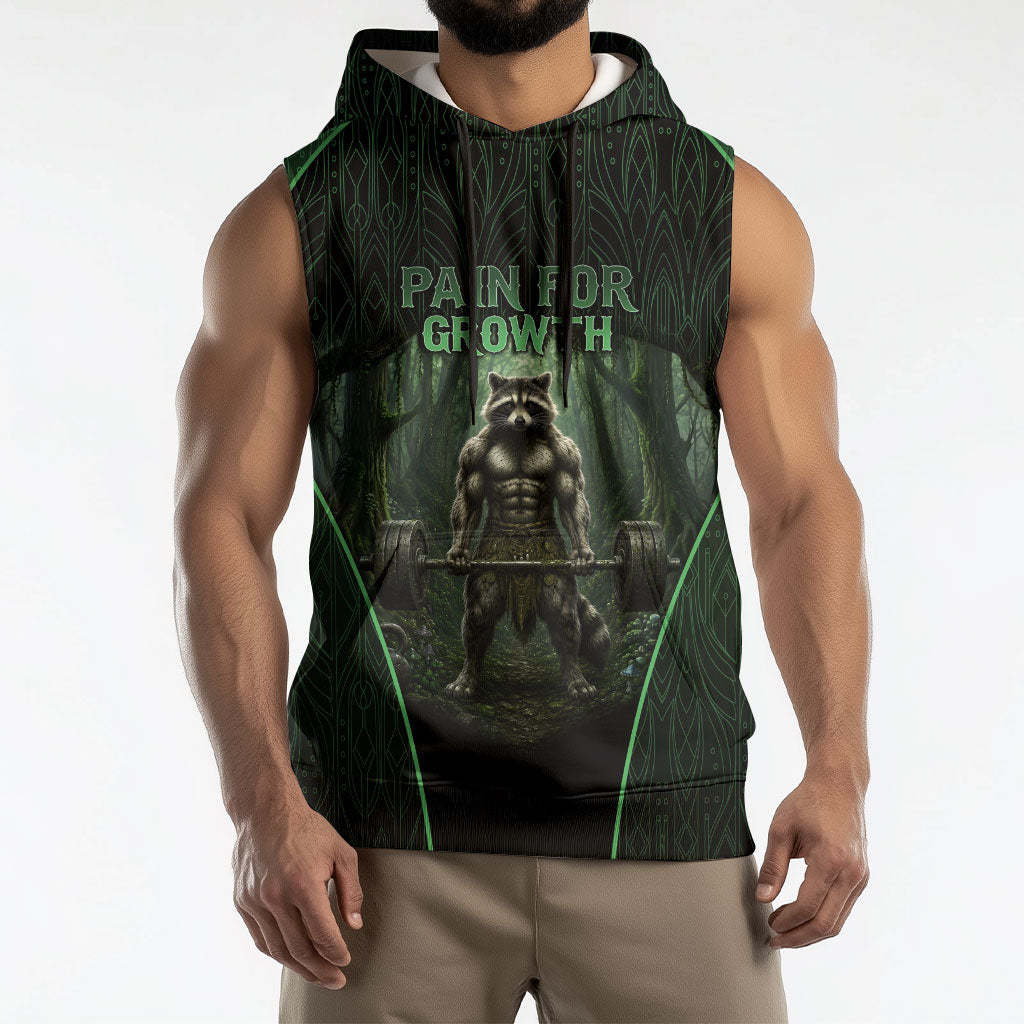 Personalized Muscular Raccoon Weightlifting Sleeveless Hoodie Pain For Growth Dark Fantasy Gym Graphic