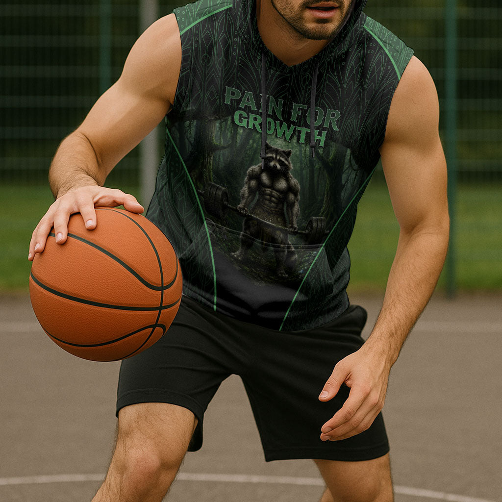 Personalized Muscular Raccoon Weightlifting Sleeveless Hoodie Pain For Growth Dark Fantasy Gym Graphic