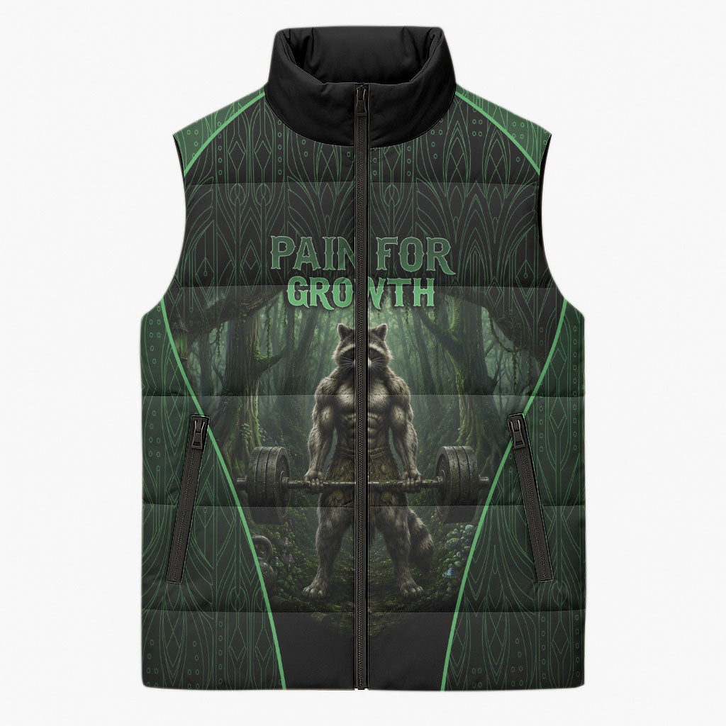 Personalized Muscular Raccoon Weightlifting Sleeveless Puffer Jacket Pain For Growth Dark Fantasy Gym Graphic