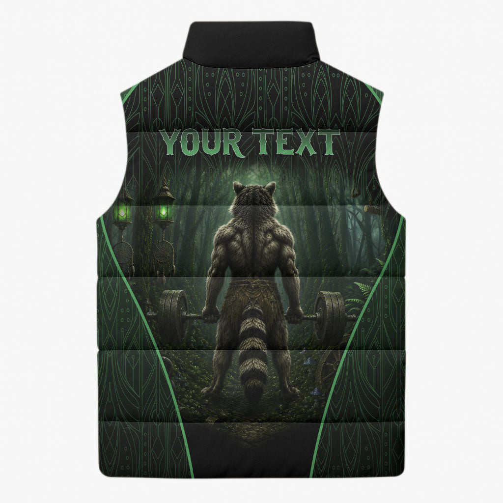 Personalized Muscular Raccoon Weightlifting Sleeveless Puffer Jacket Pain For Growth Dark Fantasy Gym Graphic