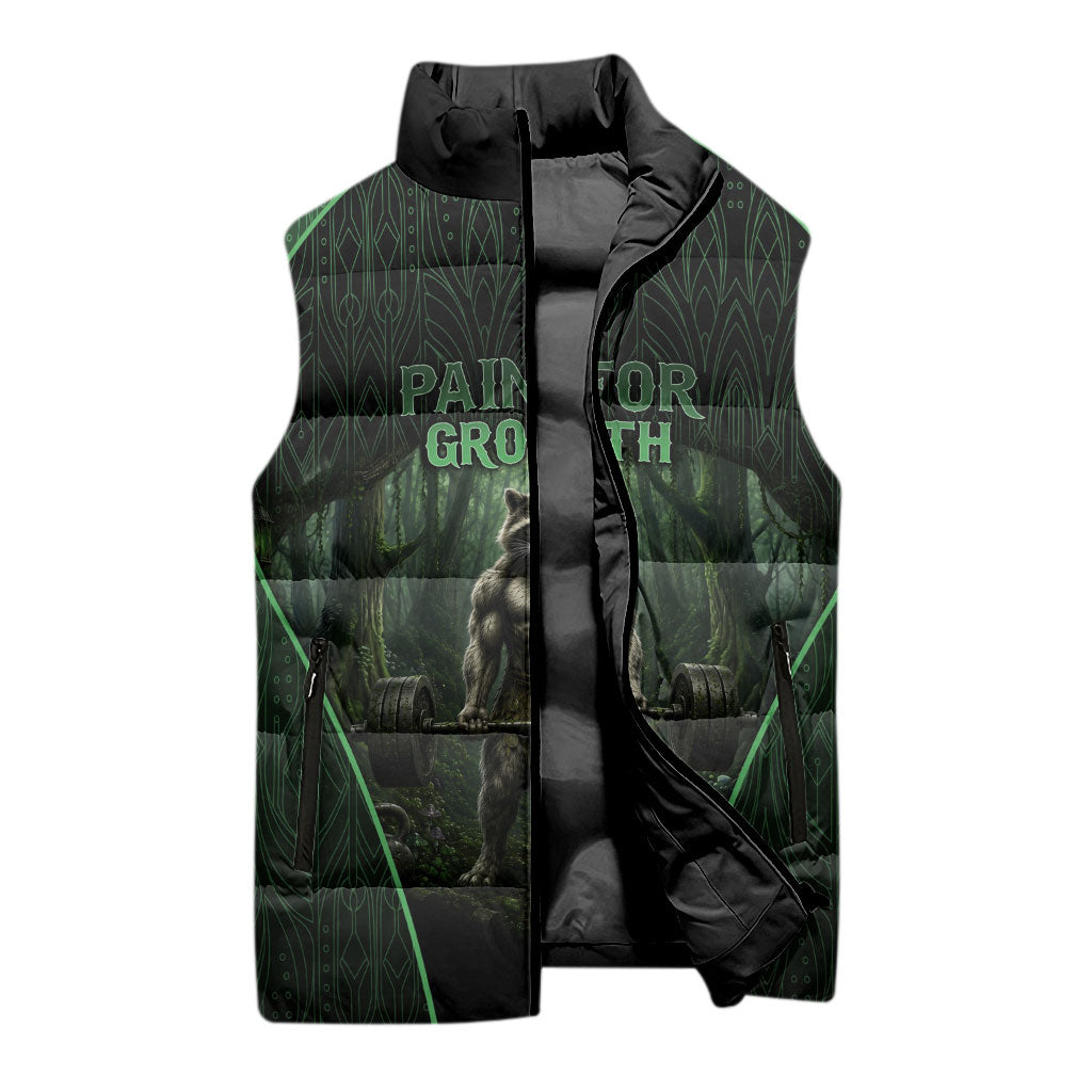 Personalized Muscular Raccoon Weightlifting Sleeveless Puffer Jacket Pain For Growth Dark Fantasy Gym Graphic