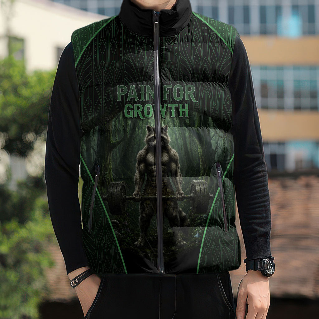 Personalized Muscular Raccoon Weightlifting Sleeveless Puffer Jacket Pain For Growth Dark Fantasy Gym Graphic