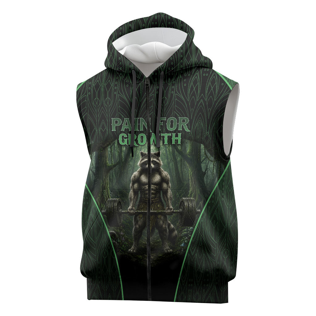 Personalized Muscular Raccoon Weightlifting Sleeveless Zip Hoodie Pain For Growth Dark Fantasy Gym Graphic