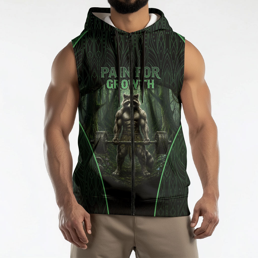 Personalized Muscular Raccoon Weightlifting Sleeveless Zip Hoodie Pain For Growth Dark Fantasy Gym Graphic