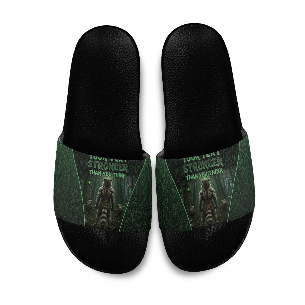 Personalized Muscular Raccoon Weightlifting Slide Sandals Pain For Growth Dark Fantasy Gym Graphic