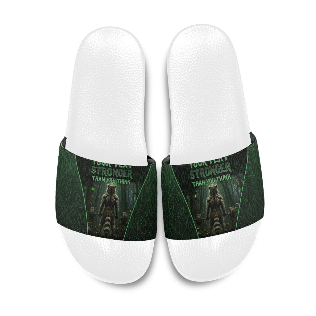 Personalized Muscular Raccoon Weightlifting Slide Sandals Pain For Growth Dark Fantasy Gym Graphic
