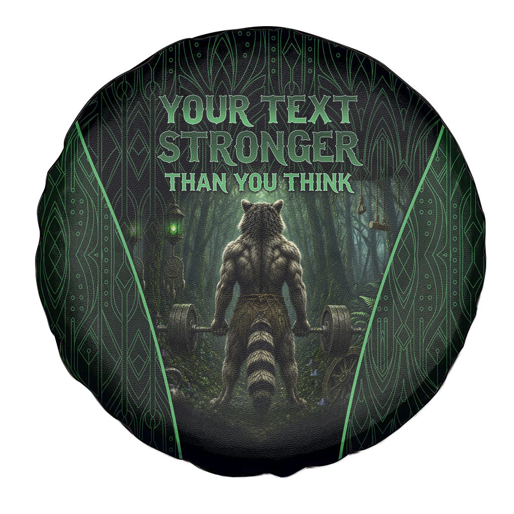 Personalized Muscular Raccoon Weightlifting Spare Tire Cover Pain For Growth Dark Fantasy Gym Graphic