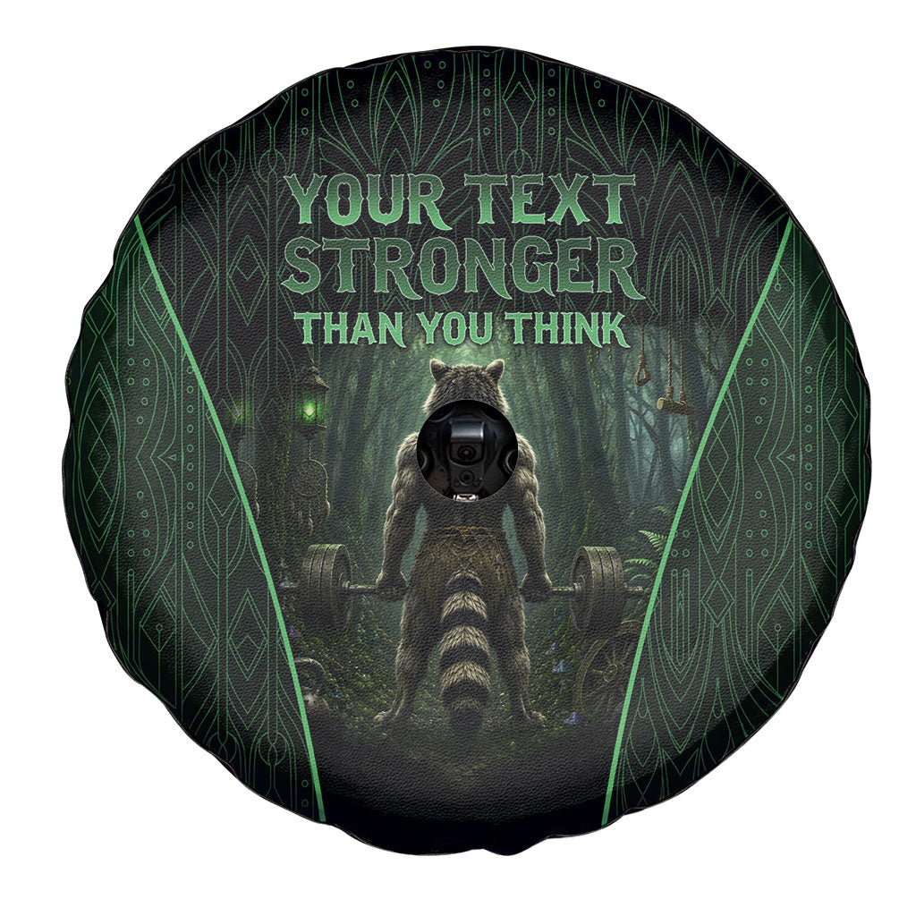 Personalized Muscular Raccoon Weightlifting Spare Tire Cover Pain For Growth Dark Fantasy Gym Graphic