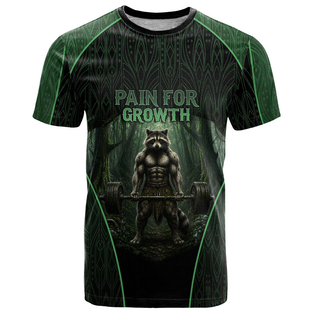 Personalized Muscular Raccoon Weightlifting T Shirt Pain For Growth Dark Fantasy Gym Graphic