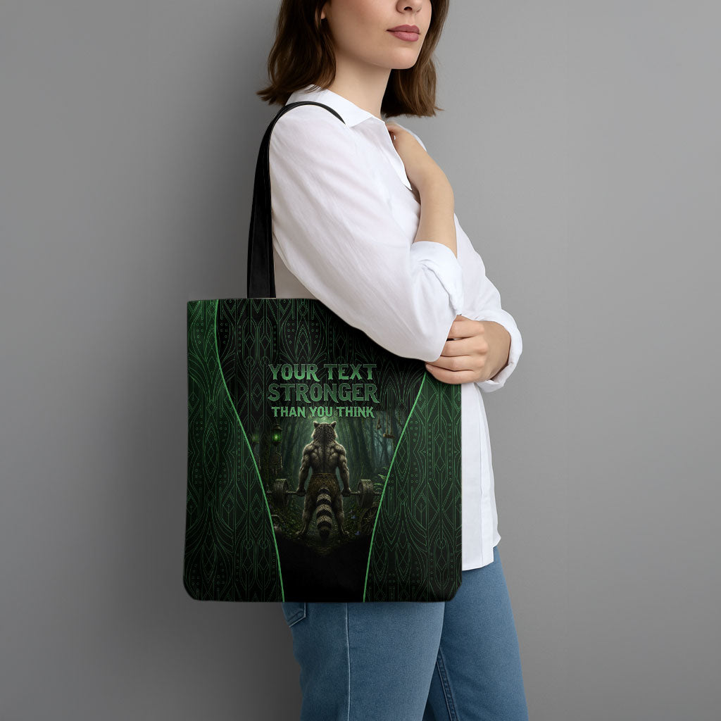 Personalized Muscular Raccoon Weightlifting Tote Bag Pain For Growth Dark Fantasy Gym Graphic