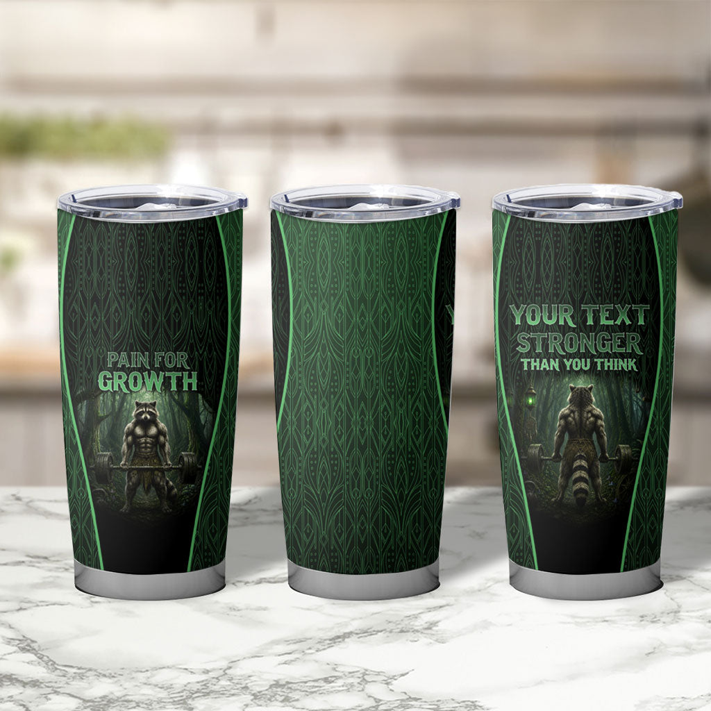 Personalized Muscular Raccoon Weightlifting Tumbler Cup Pain For Growth Dark Fantasy Gym Graphic