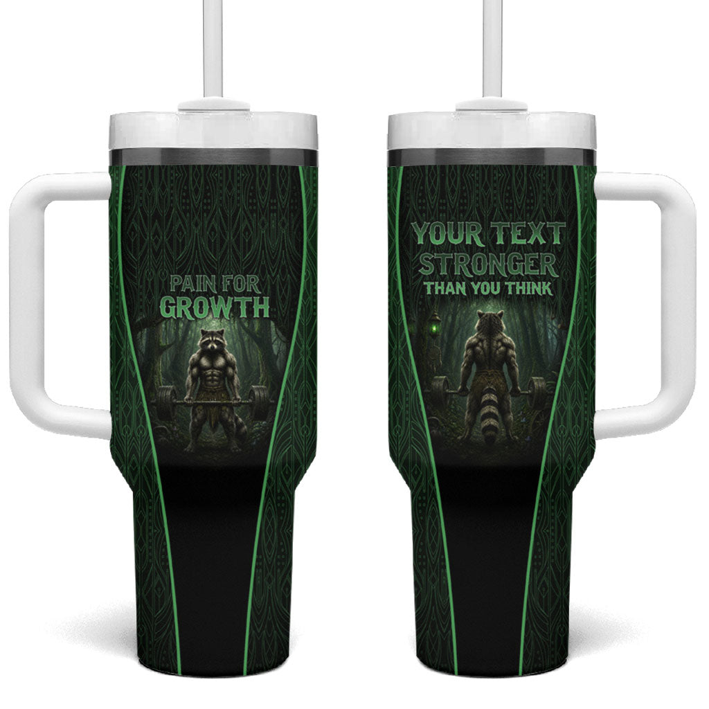 Personalized Muscular Raccoon Weightlifting Tumbler With Handle Pain For Growth Dark Fantasy Gym Graphic