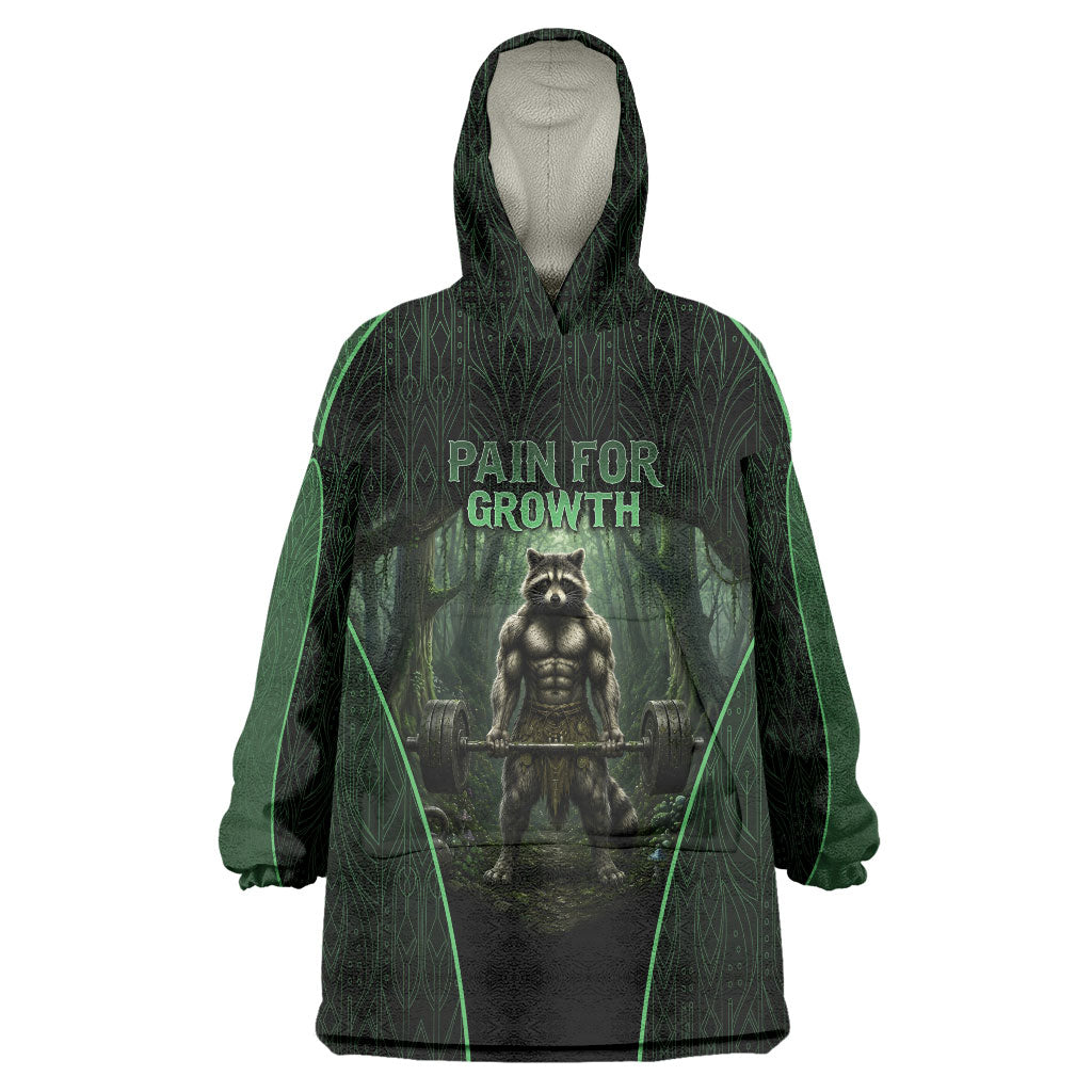 Personalized Muscular Raccoon Weightlifting Wearable Blanket Hoodie Pain For Growth Dark Fantasy Gym Graphic