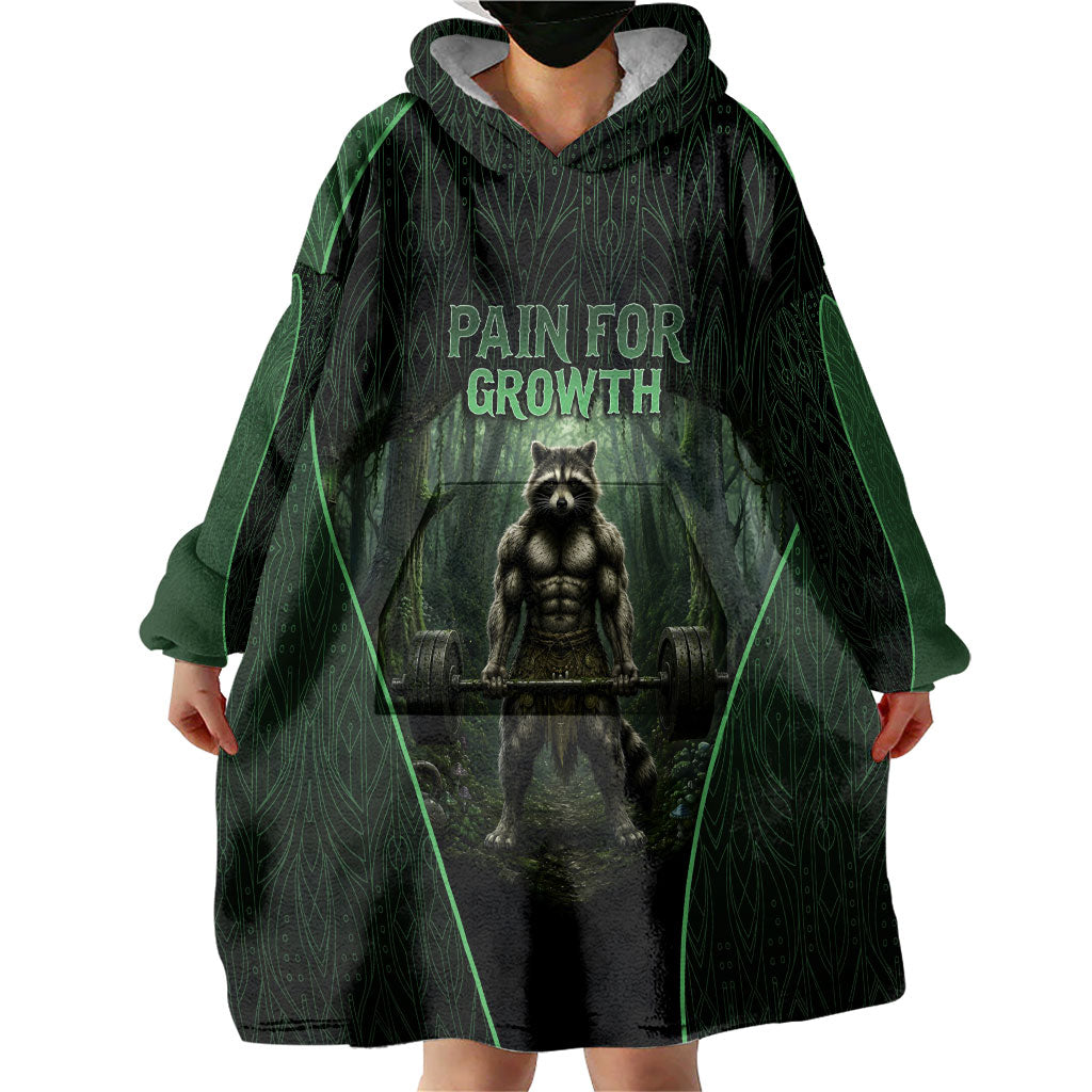 Personalized Muscular Raccoon Weightlifting Wearable Blanket Hoodie Pain For Growth Dark Fantasy Gym Graphic