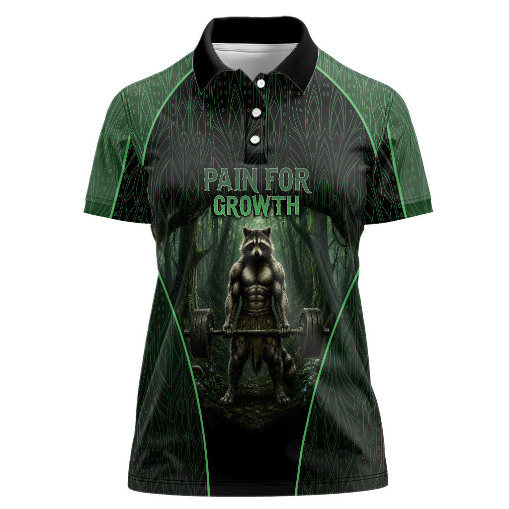 Personalized Muscular Raccoon Weightlifting Women Polo Shirt Pain For Growth Dark Fantasy Gym Graphic