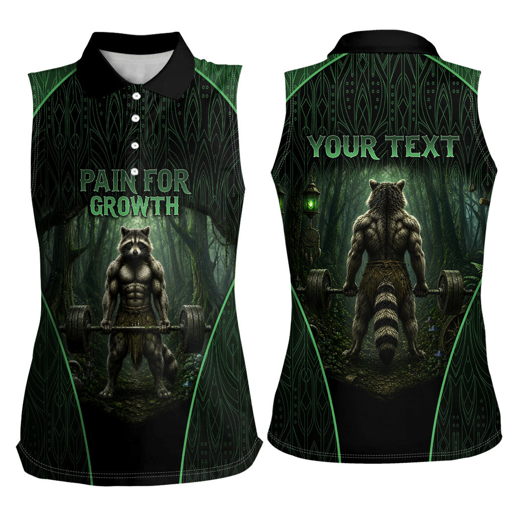 Personalized Muscular Raccoon Weightlifting Women Sleeveless Polo Shirt Pain For Growth Dark Fantasy Gym Graphic
