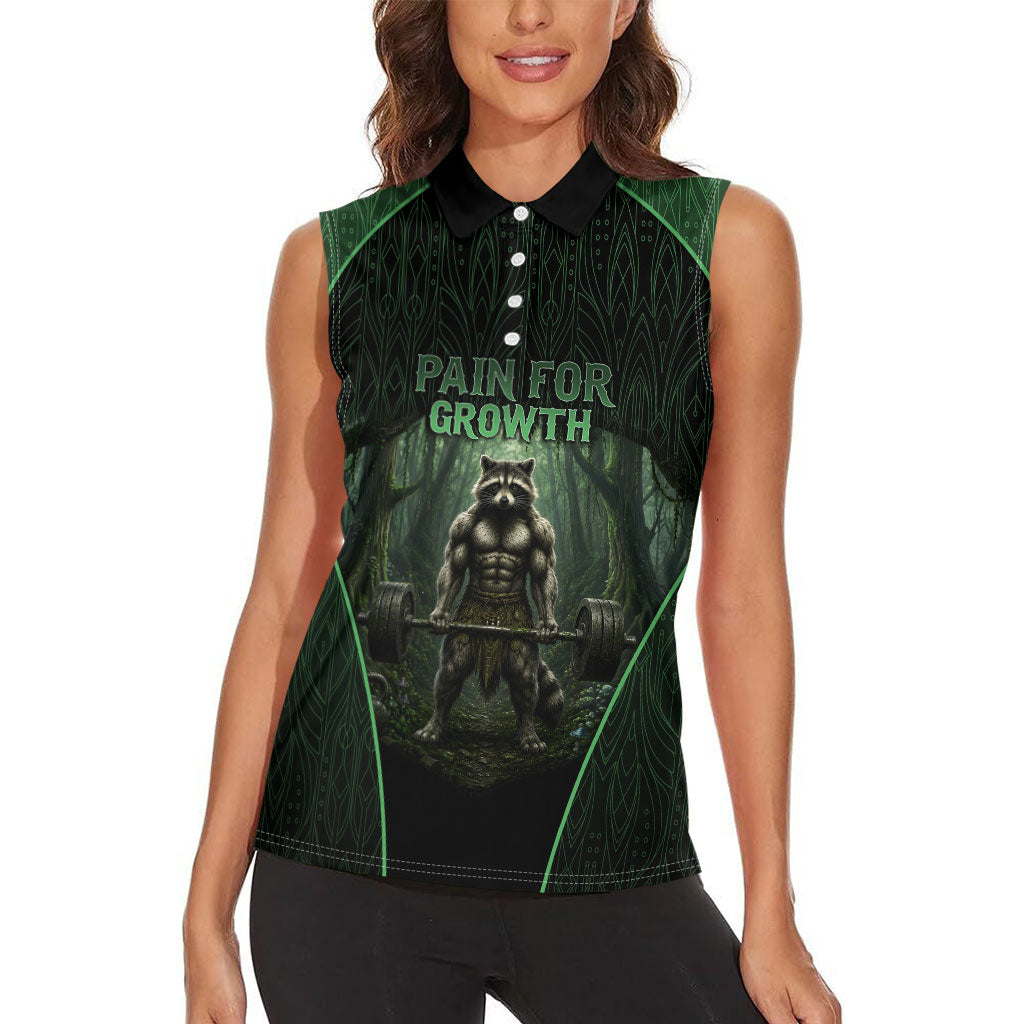 Personalized Muscular Raccoon Weightlifting Women Sleeveless Polo Shirt Pain For Growth Dark Fantasy Gym Graphic