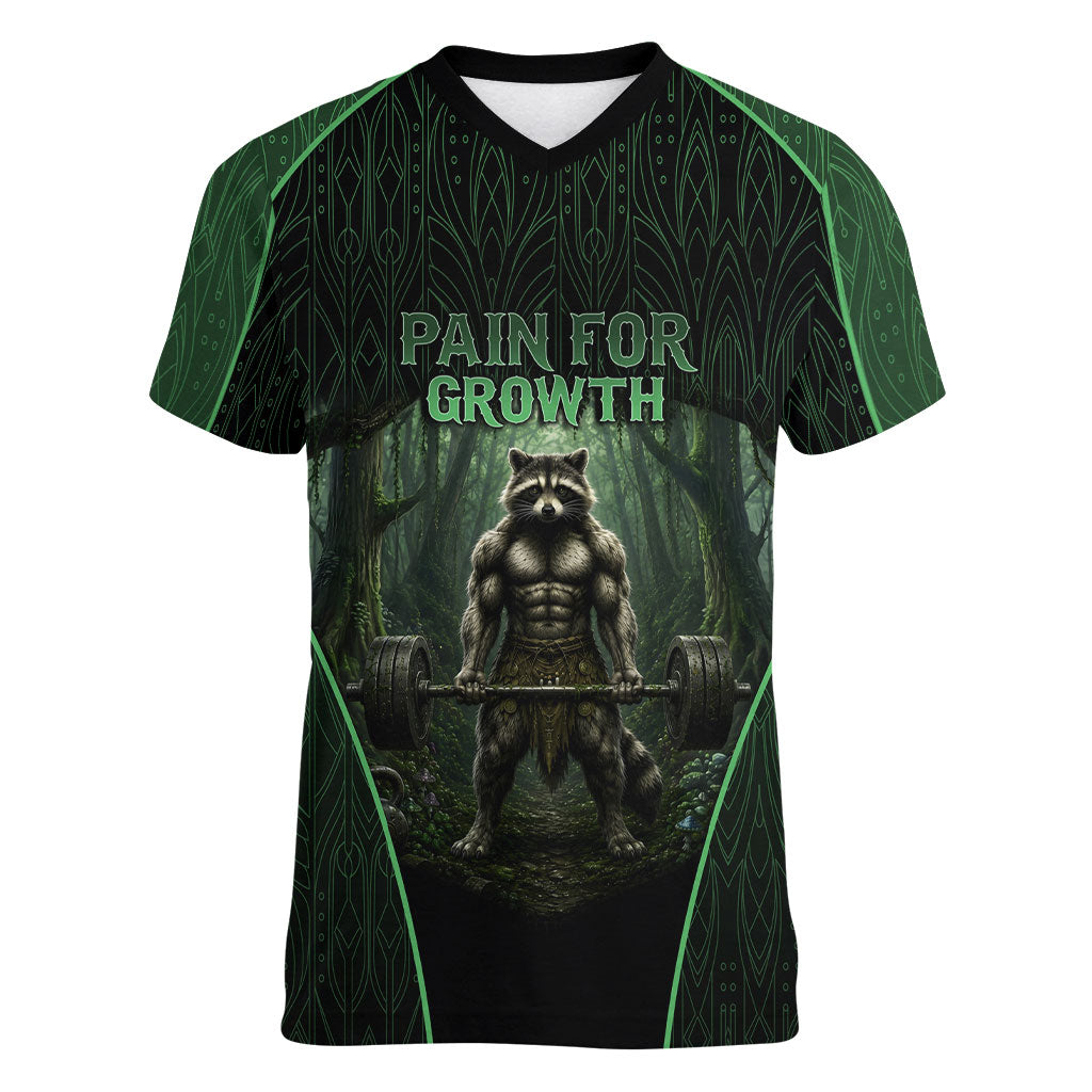 Personalized Muscular Raccoon Weightlifting Women V-Neck T-Shirt Pain For Growth Dark Fantasy Gym Graphic