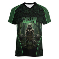 Personalized Muscular Raccoon Weightlifting Women V-Neck T-Shirt Pain For Growth Dark Fantasy Gym Graphic