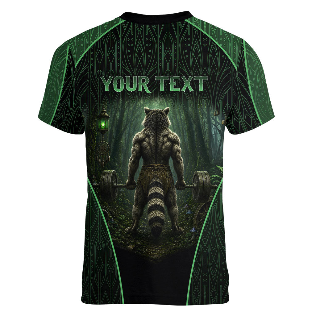 Personalized Muscular Raccoon Weightlifting Women V-Neck T-Shirt Pain For Growth Dark Fantasy Gym Graphic