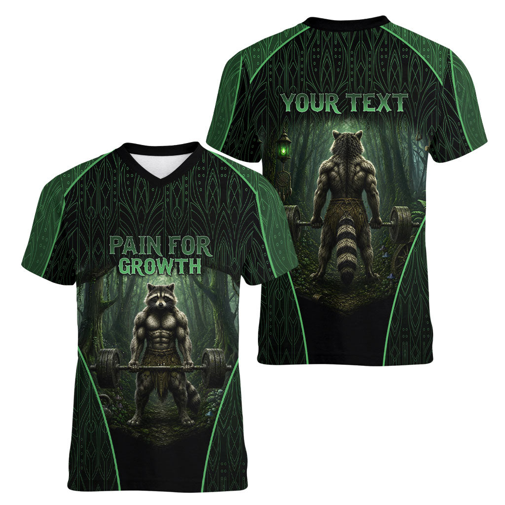 Personalized Muscular Raccoon Weightlifting Women V-Neck T-Shirt Pain For Growth Dark Fantasy Gym Graphic
