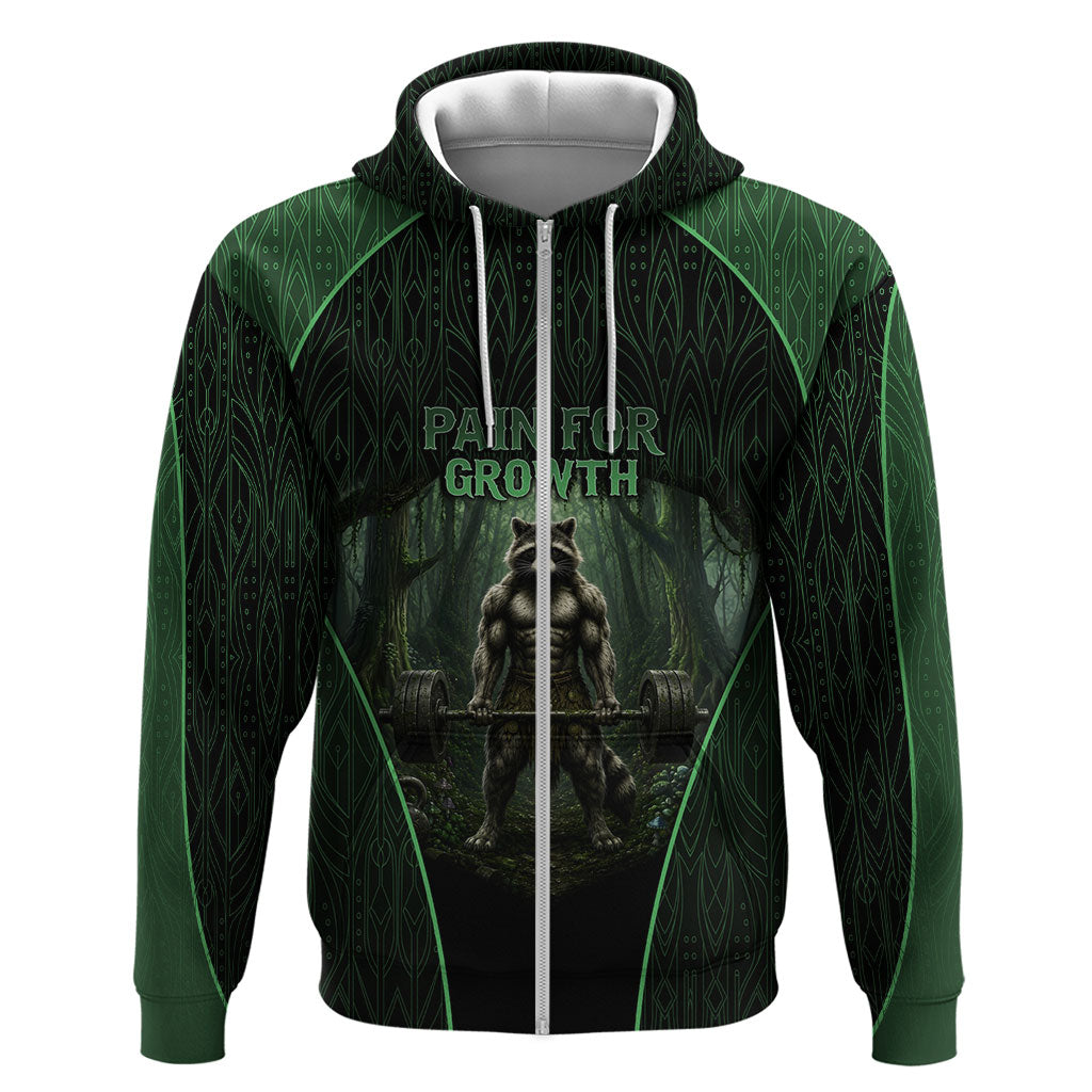 Personalized Muscular Raccoon Weightlifting Zip Hoodie Pain For Growth Dark Fantasy Gym Graphic