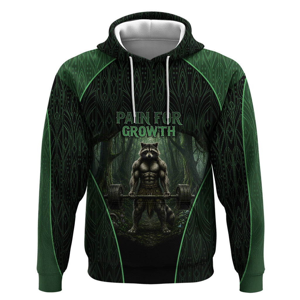 Personalized Muscular Raccoon Weightlifting Zip Hoodie Pain For Growth Dark Fantasy Gym Graphic