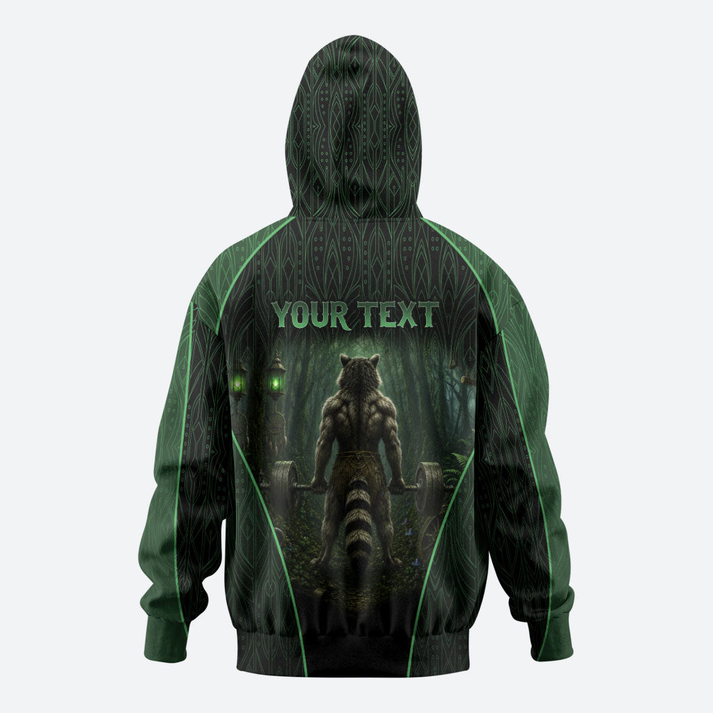 Personalized Muscular Raccoon Weightlifting Zip Hoodie Pain For Growth Dark Fantasy Gym Graphic