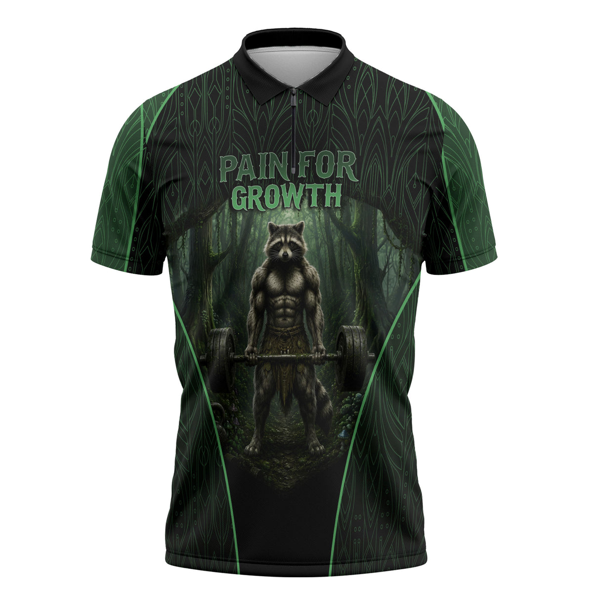 Personalized Muscular Raccoon Weightlifting Zipper Polo Shirt Pain For Growth Dark Fantasy Gym Graphic