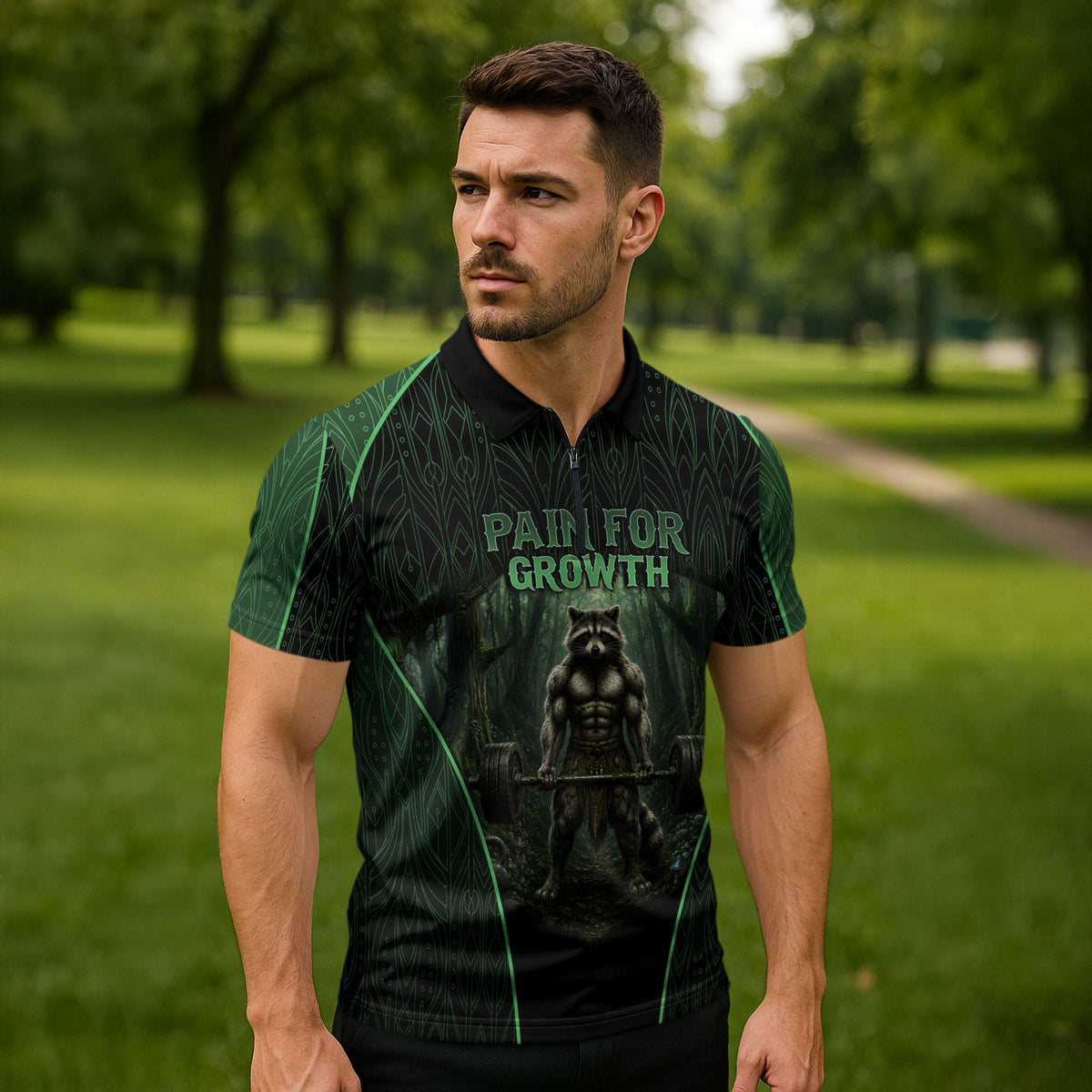 Personalized Muscular Raccoon Weightlifting Zipper Polo Shirt Pain For Growth Dark Fantasy Gym Graphic
