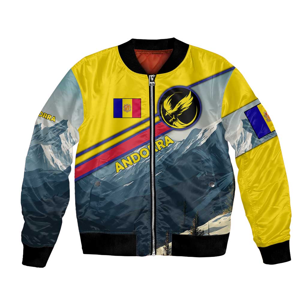 Andorra Bomber Jacket with Mountain Ridge and Eagle Emblem Design - Wonder Print Shop