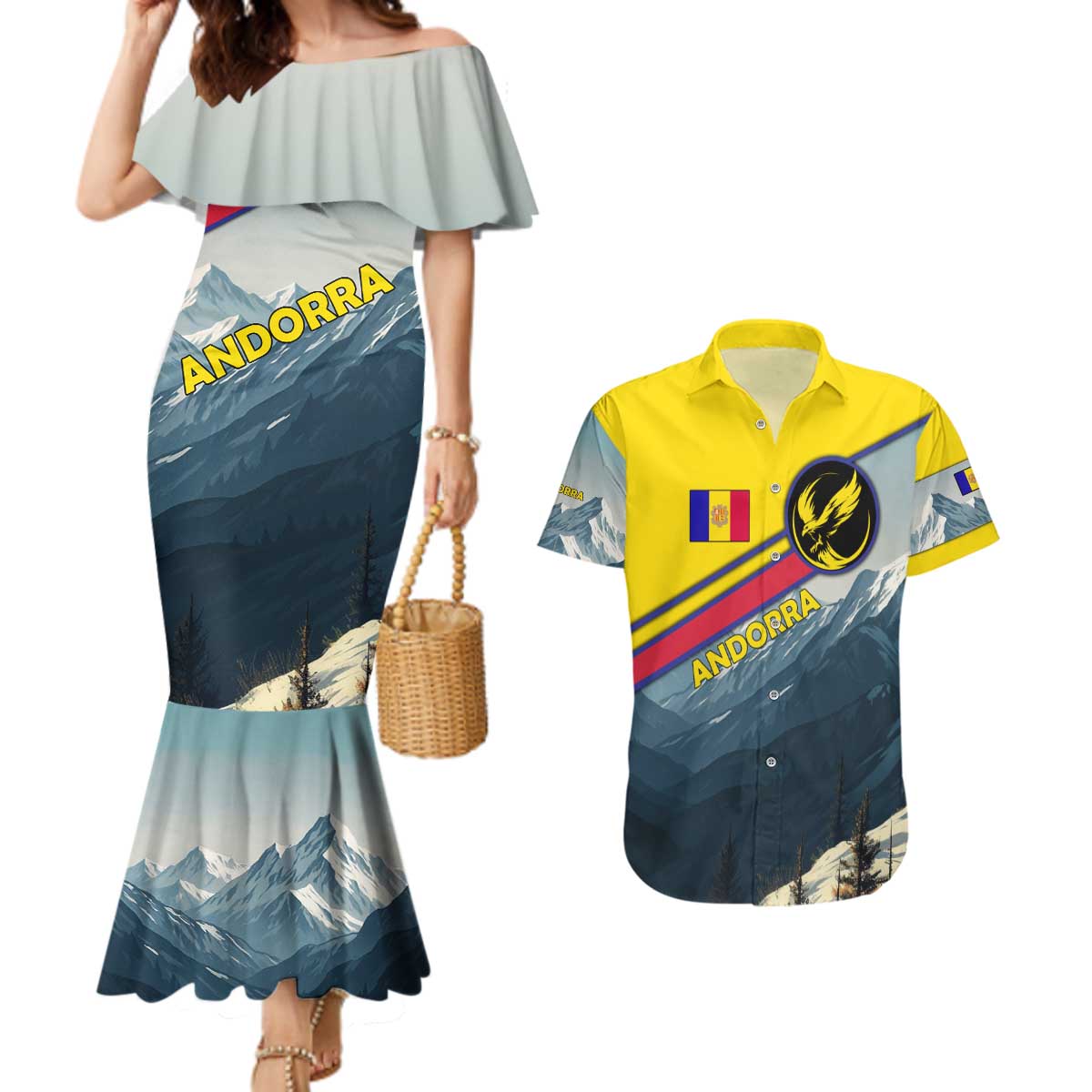 Andorra Couples Matching Mermaid Dress and Hawaiian Shirt with Mountain Ridge and Eagle Emblem Design - Wonder Print Shop