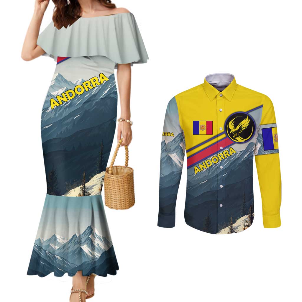 Andorra Couples Matching Mermaid Dress and Long Sleeve Button Shirt with Mountain Ridge and Eagle Emblem Design - Wonder Print Shop