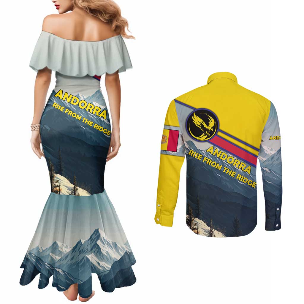 Andorra Couples Matching Mermaid Dress and Long Sleeve Button Shirt with Mountain Ridge and Eagle Emblem Design - Wonder Print Shop