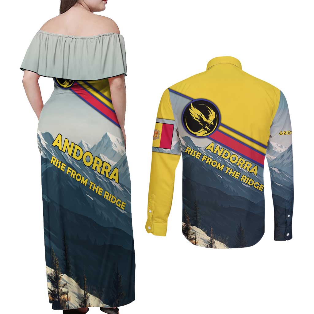 Andorra Couples Matching Off Shoulder Maxi Dress and Long Sleeve Button Shirt with Mountain Ridge and Eagle Emblem Design - Wonder Print Shop