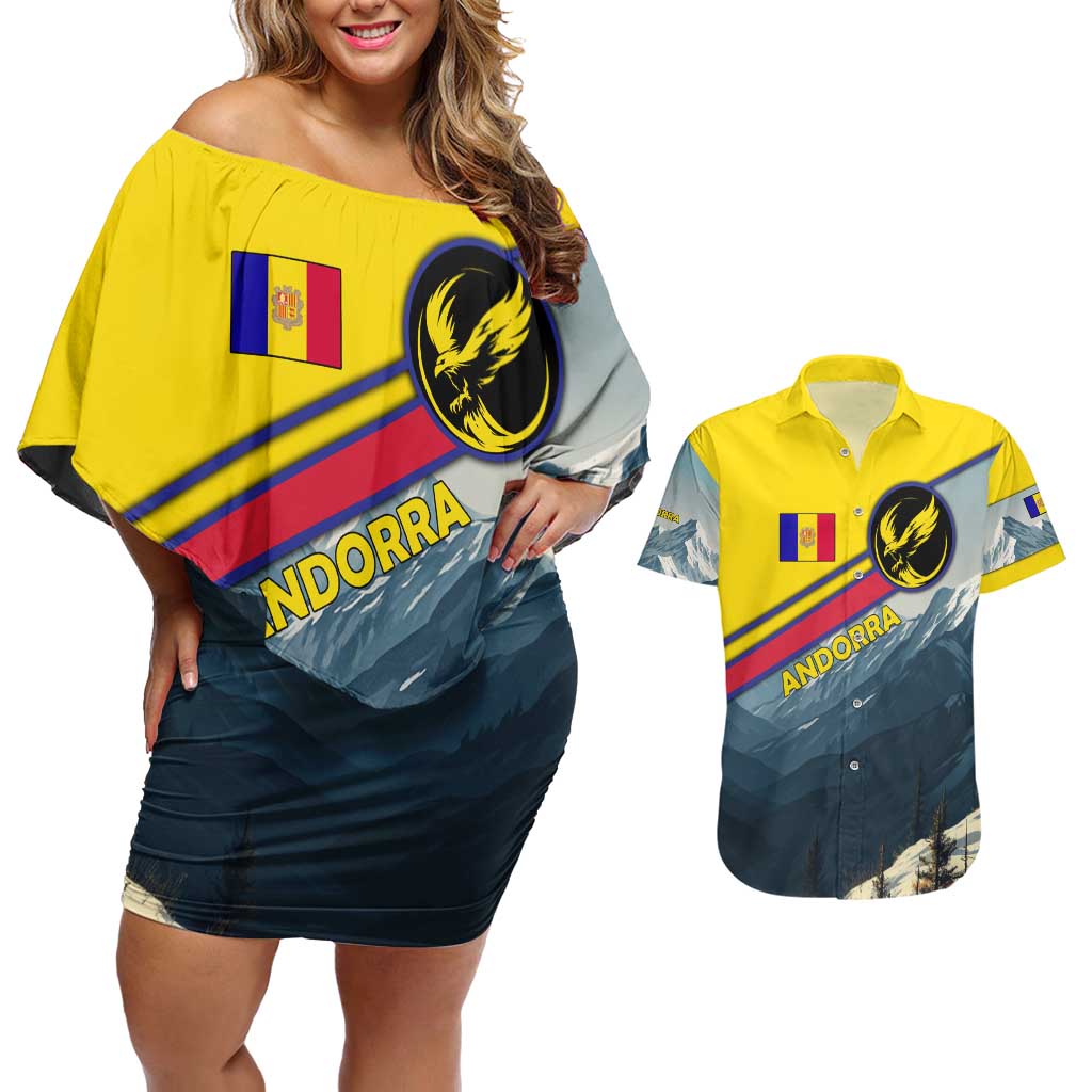 Andorra Couples Matching Off Shoulder Short Dress and Hawaiian Shirt with Mountain Ridge and Eagle Emblem Design - Wonder Print Shop
