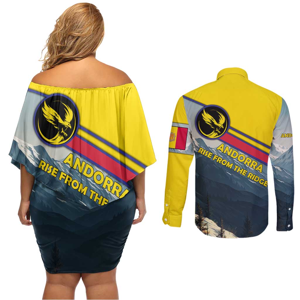 Andorra Couples Matching Off Shoulder Short Dress and Long Sleeve Button Shirt with Mountain Ridge and Eagle Emblem Design - Wonder Print Shop