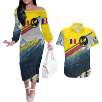 Andorra Couples Matching Off The Shoulder Long Sleeve Dress and Hawaiian Shirt with Mountain Ridge and Eagle Emblem Design - Wonder Print Shop