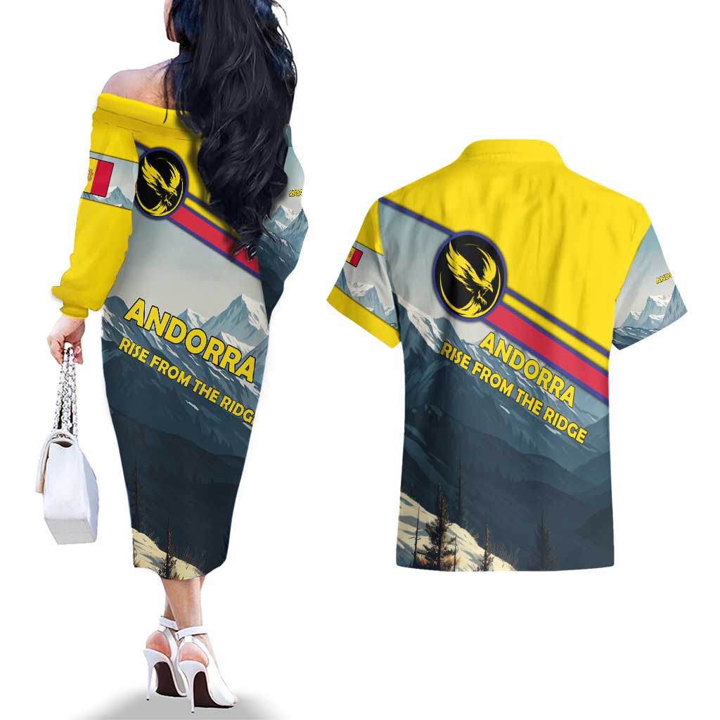 Andorra Couples Matching Off The Shoulder Long Sleeve Dress and Hawaiian Shirt with Mountain Ridge and Eagle Emblem Design - Wonder Print Shop