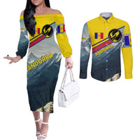 Andorra Couples Matching Off The Shoulder Long Sleeve Dress and Long Sleeve Button Shirt with Mountain Ridge and Eagle Emblem Design - Wonder Print Shop