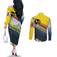 Andorra Couples Matching Off The Shoulder Long Sleeve Dress and Long Sleeve Button Shirt with Mountain Ridge and Eagle Emblem Design - Wonder Print Shop
