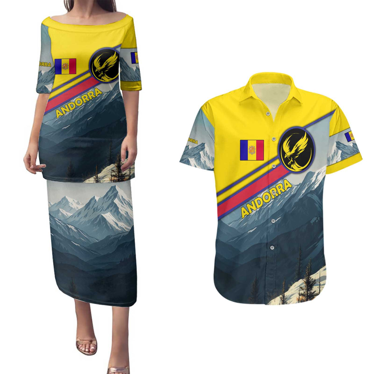 Andorra Couples Matching Puletasi and Hawaiian Shirt with Mountain Ridge and Eagle Emblem Design - Wonder Print Shop