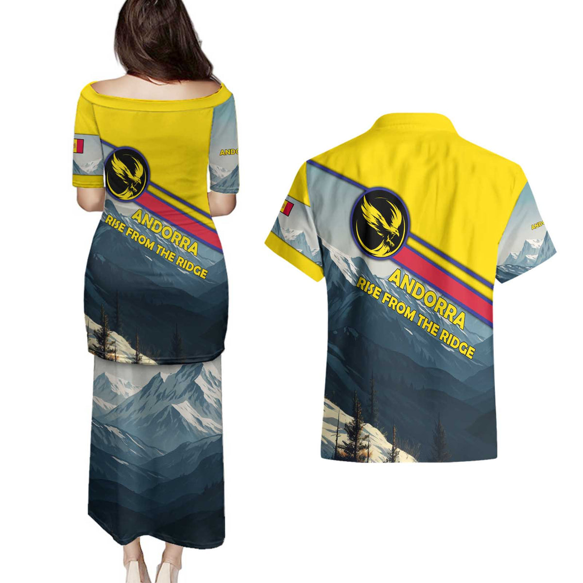Andorra Couples Matching Puletasi and Hawaiian Shirt with Mountain Ridge and Eagle Emblem Design - Wonder Print Shop