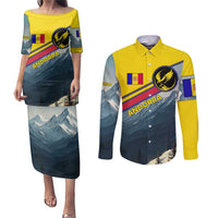 Andorra Couples Matching Puletasi and Long Sleeve Button Shirt with Mountain Ridge and Eagle Emblem Design - Wonder Print Shop