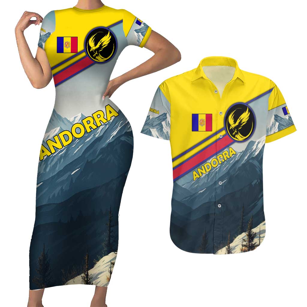 Andorra Couples Matching Short Sleeve Bodycon Dress and Hawaiian Shirt with Mountain Ridge and Eagle Emblem Design - Wonder Print Shop